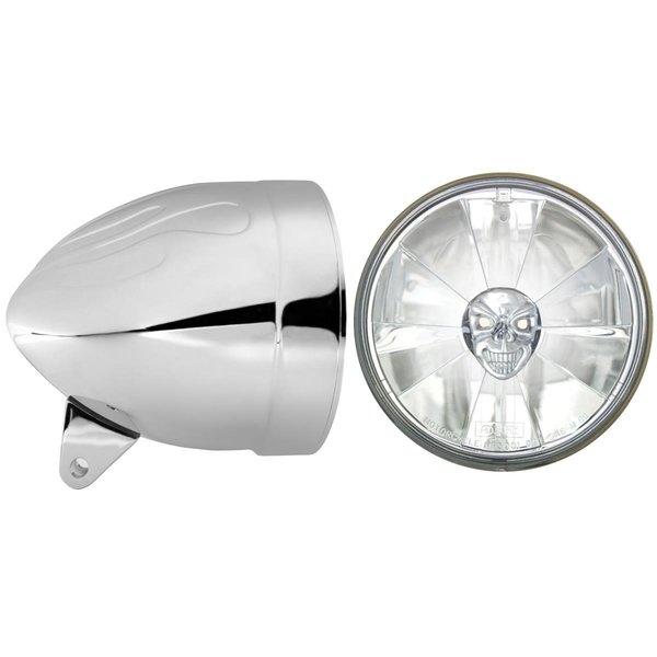 In Pro Car Wear In Pro Car Wear HB54010-7SR 5.75 in. Flamed Headlight Bucket; Chrome with T50700-SR PC with Skull with H4 Bulb HB54010-7SR